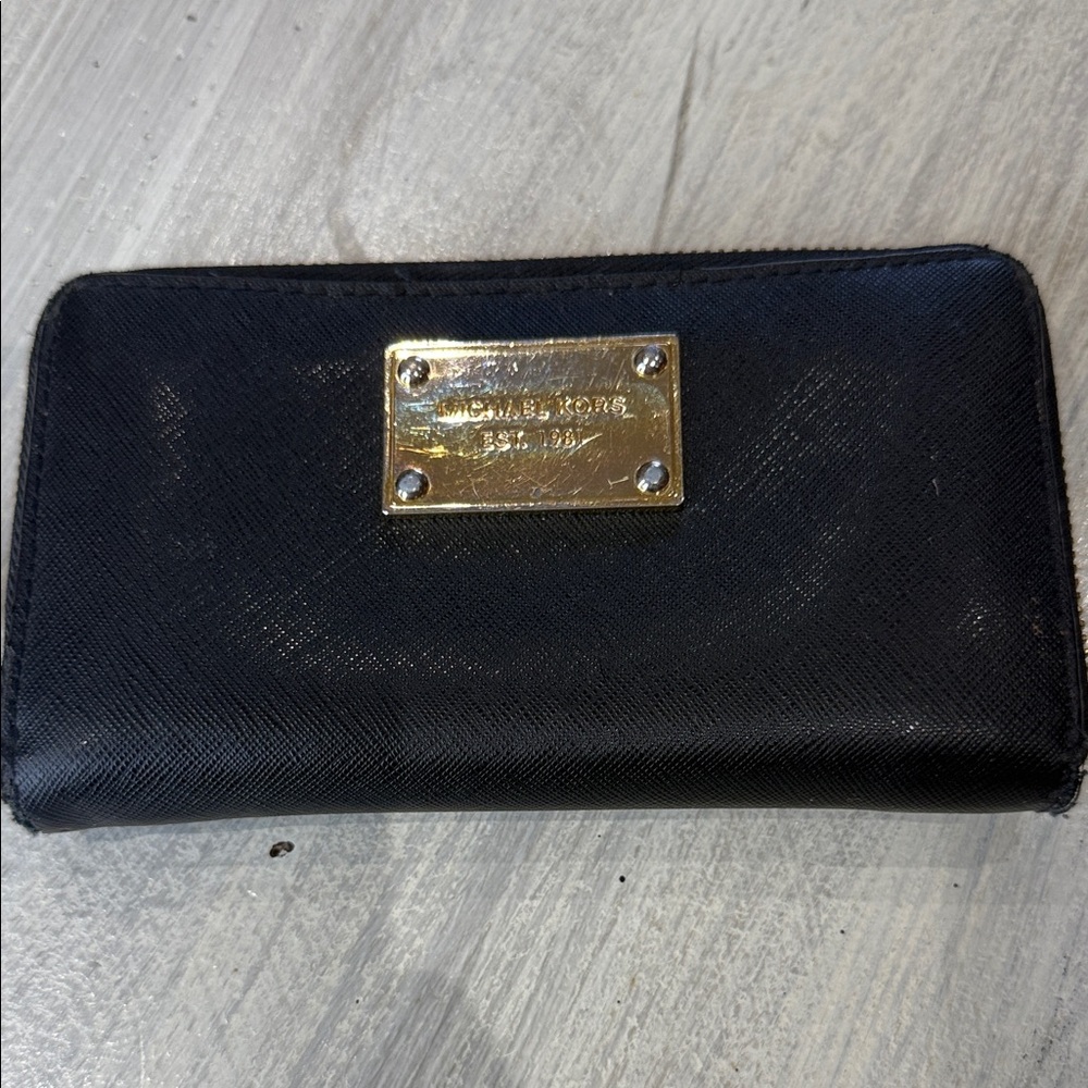 Michael Kors Black Zip-Around Saffiano Wallet with Gold Plaque